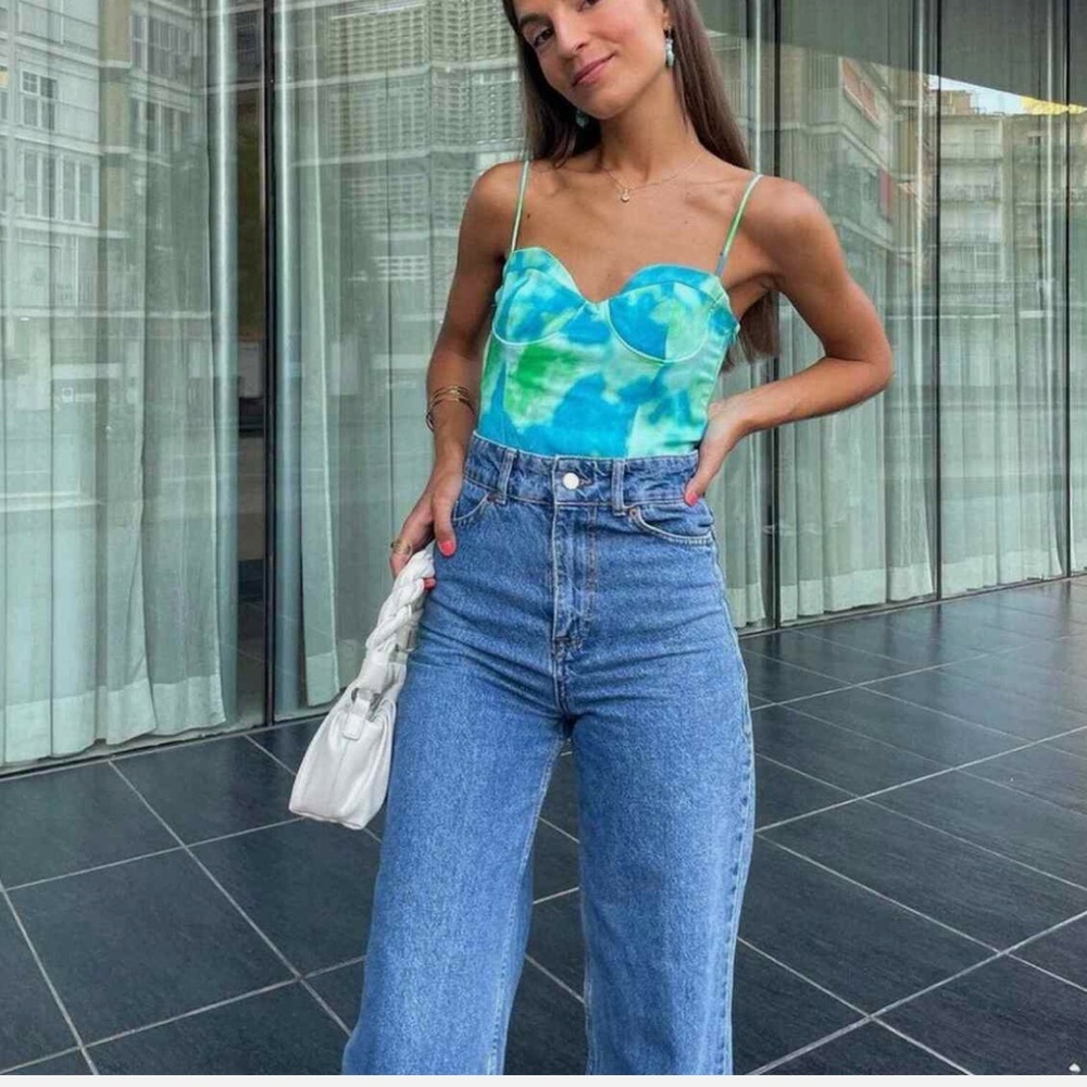 ZARA Blue/Green Watercolor Satin Effect Bustier Bodysuit